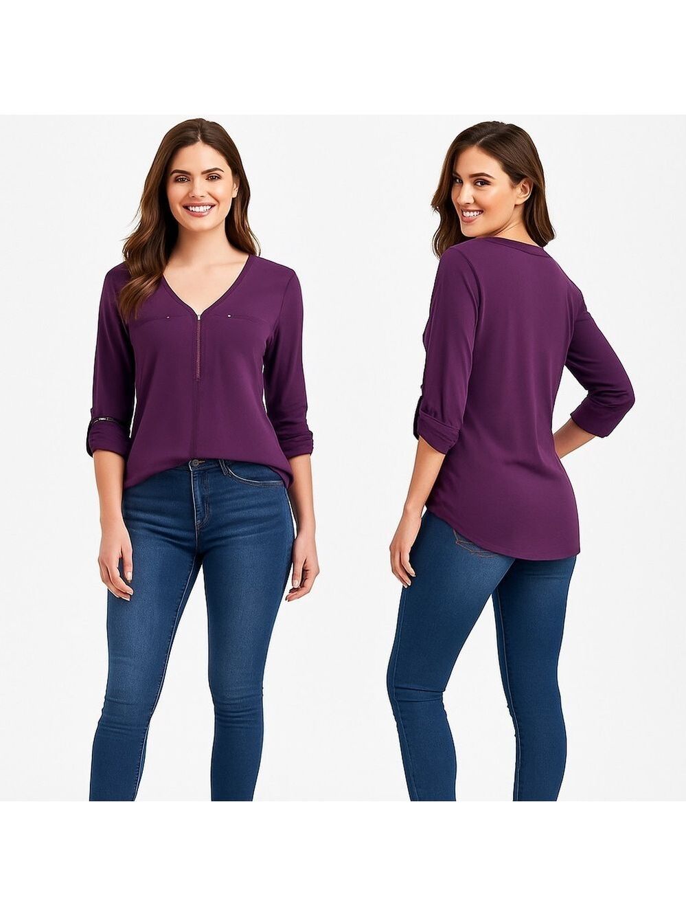 FORTUNE + IVY🍇 Women’s Zip-Front V-Neck Blouse 👠💜 Size S – Style #1733M6D - Picture 3 of 9